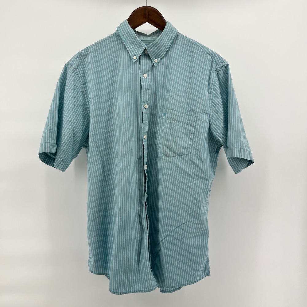 Dockers Mens Large Short Sleeve Button Down Shirt Teal Blue Striped No Wrinkles